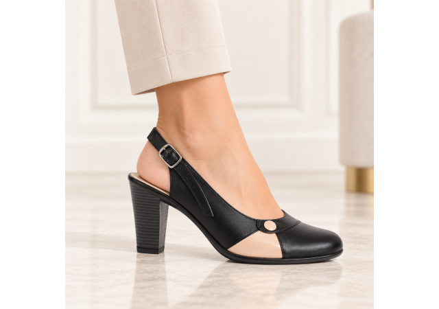 Pantofi dama negri eleganti cu decupaj nude si toc gros PS36ND